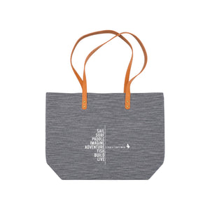 LBC Tote Bag in Charcoal — back flat lay, white Sail Surf Paddle graphic centered | Lost Boy Creations Key West