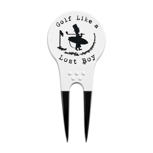 LBC Divot Tool in White/Black — front flat lay, black "Golf Like a Lost Boy" silhouette holding a golf club | Lost Boy Creations Key West