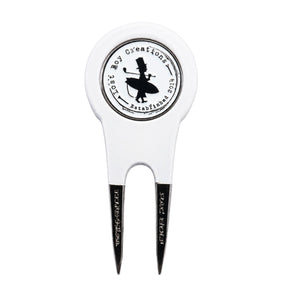 LBC Divot Tool in White/Black — back flat lay, LBC Est. 2014 icon with golf club graphic, removable magnetic ball marker attached | Lost Boy Creations Key West