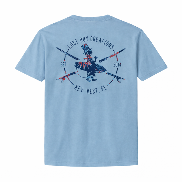 Men's Floral Surfer Tee in Dusty Blue — back flat lay, full floral print with Lost Boy Creations silhouette graphic | Lost Boy Creations Key West