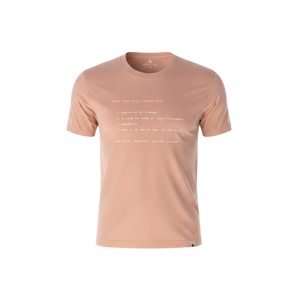 Men's Lost Boy Definition Tee desert pink flat front view with Lost Boy dictionary definition graphic print | Lost Boy Creations Key West