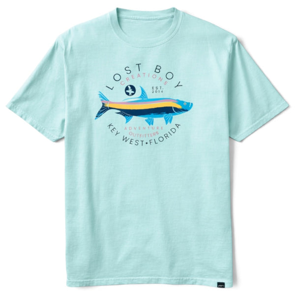Men's Silver King Tee in Arctic Blue — front flat lay, Silver King tarpon screen print on chest | Lost Boy Creations Key West
