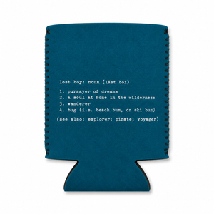 Lost Boy Koozie - Lost Boy Noun in Deep Teal — graphic front flat lay, white Lost Boy Noun dictionary definition graphic | Lost Boy Creations Key West