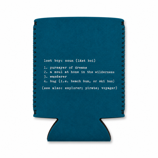 Lost Boy Koozie - Lost Boy Noun in Deep Teal — graphic front flat lay, white Lost Boy Noun dictionary definition graphic | Lost Boy Creations Key West