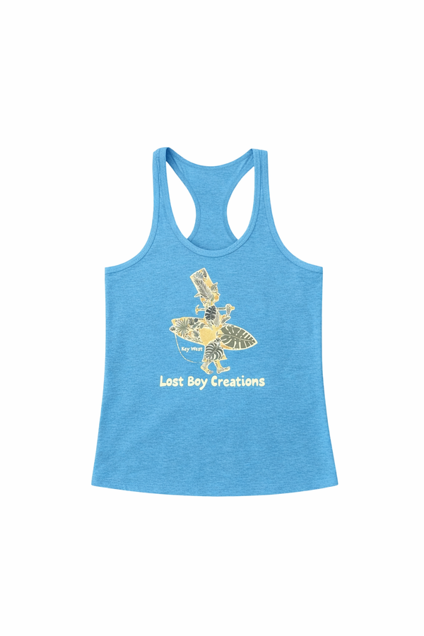 Women's Floral Racerback Tank in Sky — front flat lay, floral-filled LBC silhouette logo with Key West text | Lost Boy Creations Key West