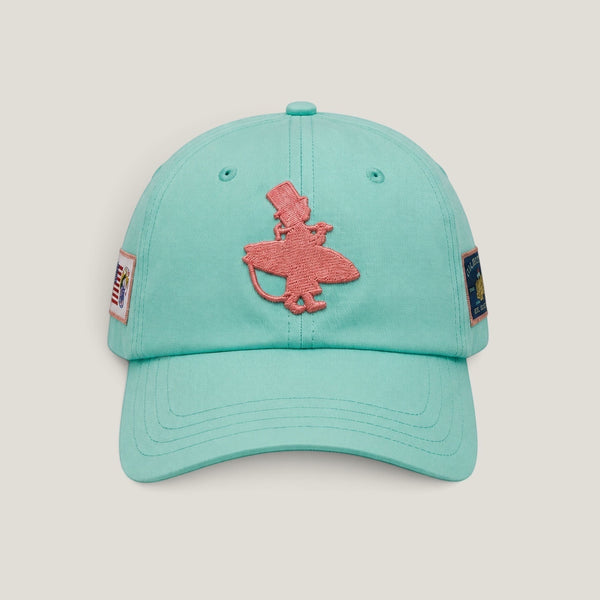 Flamingo Flats Low-Pro Hat mint low-profile snapback front view with coral LBC surfer embroidery and Virgin Islands and Conch Republic flag patches | Lost Boy Creations Key West