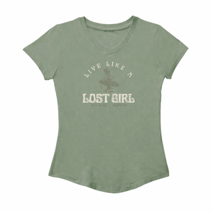 Green t-shirt with 'Live Like a Lost Girl' text and graphic 