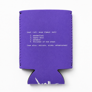 Lost Boy Koozie - Lost Girl Noun in Purple — graphic front flat lay, white Lost Girl Noun dictionary definition graphic | Lost Boy Creations Key West