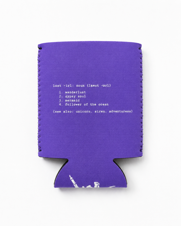 Lost Boy Koozie - Lost Girl Noun in Purple — graphic front flat lay, white Lost Girl Noun dictionary definition graphic | Lost Boy Creations Key West