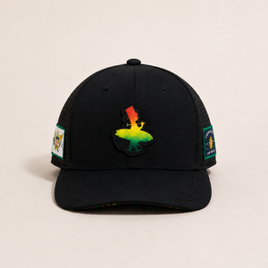 Rasta Golf Hat in Black — front flat lay, Rasta multicolor LBC woven patch on structured black crown | Lost Boy Creations Key West