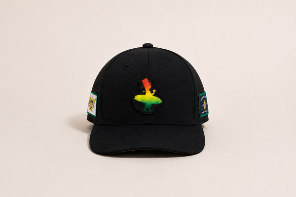 Rasta Golf Hat in Black — front flat lay, Rasta multicolor LBC woven patch on structured black crown | Lost Boy Creations Key West