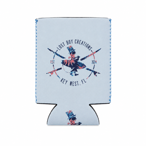 Lost Boy Koozie - Floral in Light Blue — flat lay, floral surfer logo standard can | Lost Boy Creations Key West