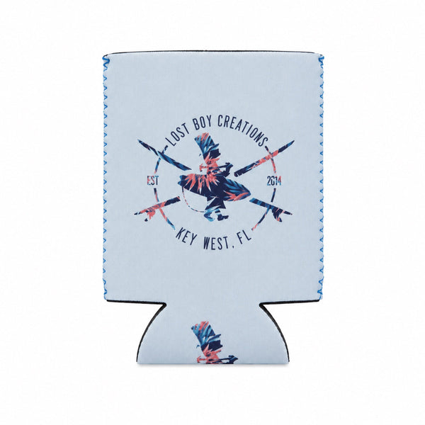 Lost Boy Koozie - Floral in Light Blue — flat lay, floral surfer logo standard can | Lost Boy Creations Key West