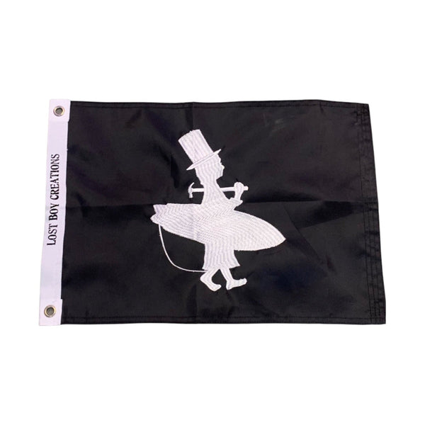 Lost Boy Creations Hoist the Colors black flag embroidered with a white logo on  both sides shown horizontal with large Lost Boy logo in center and Lost Boy Creations text on side webbing | Lost Boy Creations Key West