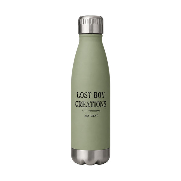 Lost Boy Water Bottle in Sage Green — back view, 16 oz insulated stainless steel | Lost Boy Creations Key West