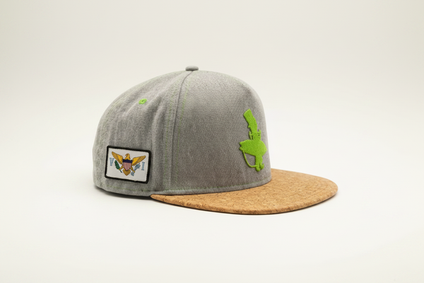 Lime and Cork flat bill snapback hat grey heather crown left side view showing U.S. Virgin Islands flag patch and green Lost Boy surfer logo with natural cork brim | Lost Boy Creations Key West