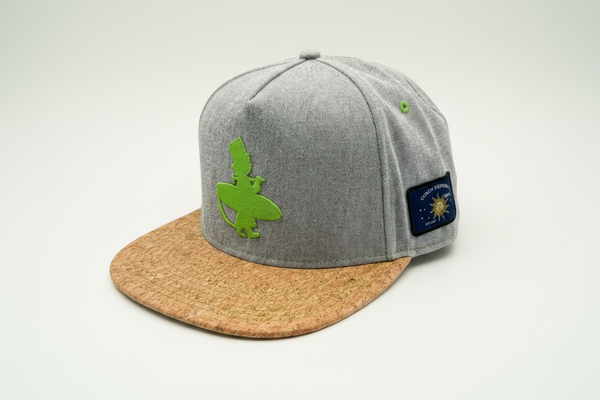 Lime and Cork flat bill snapback hat grey heather crown right side view showing Conch Republic Key West patch and natural cork brim | Lost Boy Creations Key West