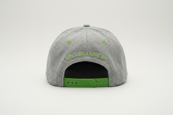 Lime and Cork flat bill snapback hat grey heather crown back view showing Live Like a Lost Boy embroidery and green adjustable snapback closure | Lost Boy Creations Key West