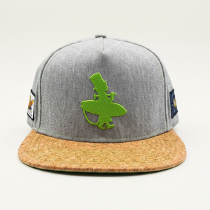 Lime and Cork flat bill snapback hat grey heather crown front view with green raised Lost Boy surfer embroidery and natural cork brim | Lost Boy Creations Key West