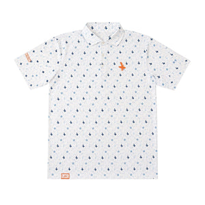 LBC Golf Polo in White — front flat lay, all-over Key West vibe pattern with orange Lost Boy Creations patch on left chest | Lost Boy Creations Key West