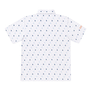  LBC Golf Polo in White — back flat lay, all-over Key West vibe pattern throughout | Lost Boy Creations Key West