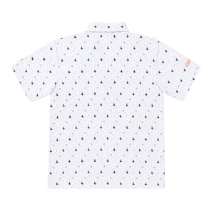 LBC Golf Polo in White — back flat lay, all-over Key West vibe pattern throughout | Lost Boy Creations Key West
