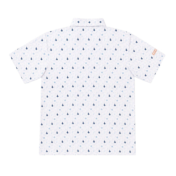 LBC Golf Polo in White — back flat lay, all-over Key West vibe pattern throughout | Lost Boy Creations Key West