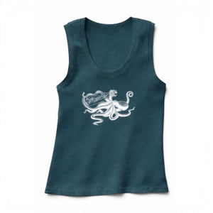 Lost Boy Creations Aegean blue ribbed cotton tank top with a white octopus graphic and Live Like a Lost Boy text