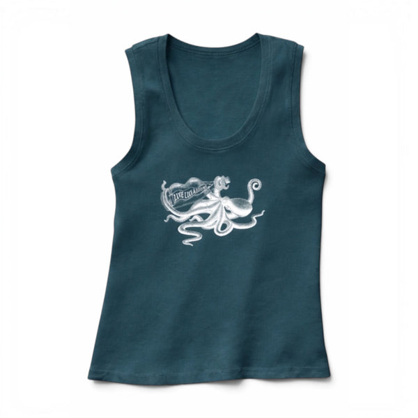 Lost Boy Creations Aegean blue ribbed cotton tank top with a white octopus graphic and Live Like a Lost Boy text