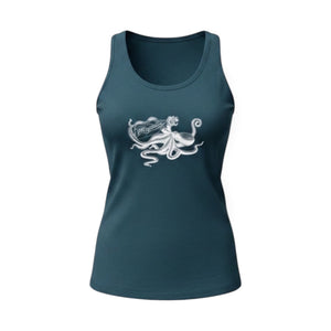 Lost Boy Creations Aegean blue ribbed cotton tank top with a white octopus graphic and U-neck silhouette.