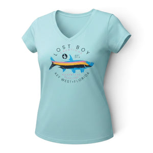 Women's Silver King V-Neck arctic blue angled front view with full color Silver King tarpon graphic and Key West Florida text | Lost Boy Creations Key West