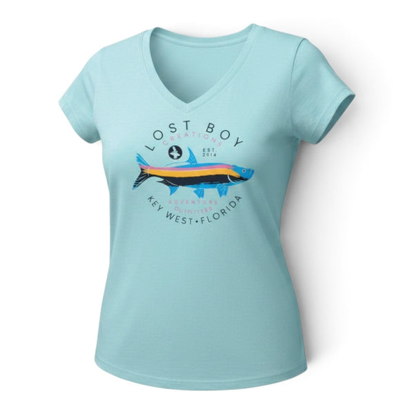 Women's Silver King V-Neck arctic blue angled front view with full color Silver King tarpon graphic and Key West Florida text | Lost Boy Creations Key West