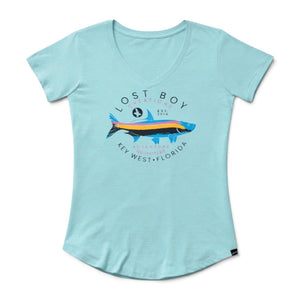 Women's Silver King V-Neck arctic blue front view with full color Silver King tarpon graphic and Key West Florida text | Lost Boy Creations Key West
