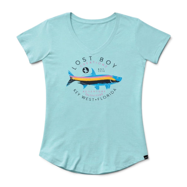 Women's Silver King V-Neck arctic blue front view with full color Silver King tarpon graphic and Key West Florida text | Lost Boy Creations Key West