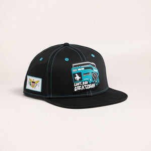 Lost Boy Creations Ghetto Blaster black snapback hat with a blue boombox patch and contrast stitching