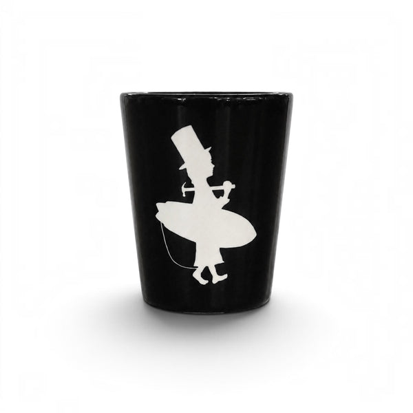 Lost Boy Creations LBC Shot Glass in black ceramic featuring oversized white Lost Boy surfer silhouette icon on front | Lost Boy Creations Key West
