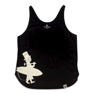 Women's Silhouette Tank in Black — front flat lay with off-center white Lost Boy surfer silhouette with top hat and surfboard | Lost Boy Creations Key West