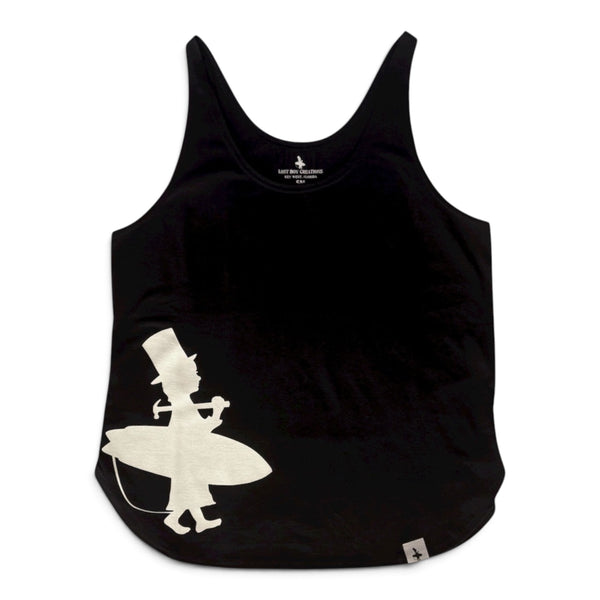 Women's Silhouette Tank in Black — front flat lay with off-center white Lost Boy surfer silhouette with top hat and surfboard | Lost Boy Creations Key West