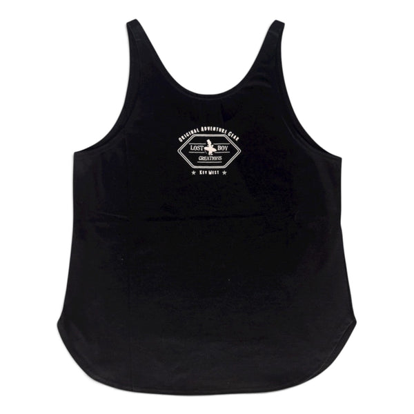 Women's Silhouette Tank in Black — back flat lay with Original Adventure Gear Lost Boy Creations Key West logo | Lost Boy Creations Key West