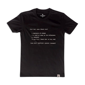 Lost Boy Creations black cotton t-shirt featuring a white definition graphic on the front and a hem tag.