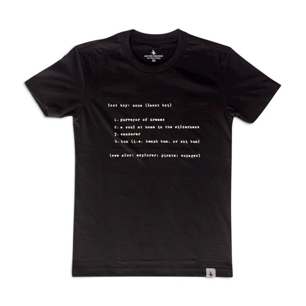 Lost Boy Creations black cotton t-shirt featuring a white definition graphic on the front and a hem tag.