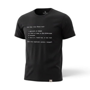 Lost Boy Creations black cotton t-shirt featuring white definition graphic text on the chest and a hem tag