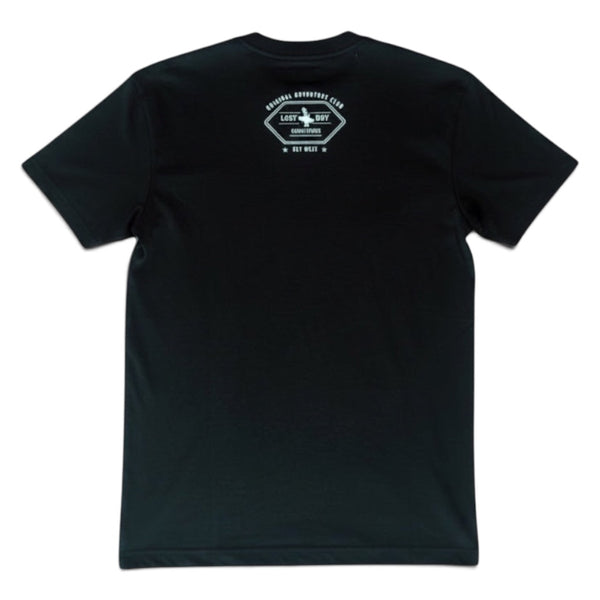 Men's Lost Boy Silhouette Tee black back flat lay with white LBC logo graphic on upper back | Lost Boy Creations Key West