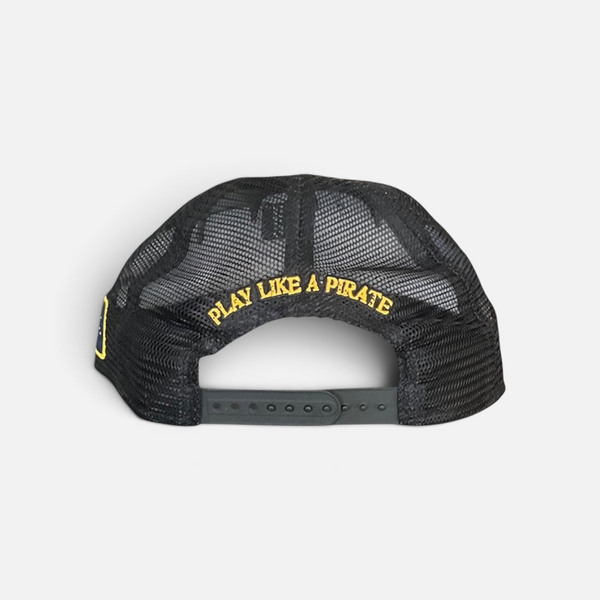 A Pirate's Life for Me Hat in Black — back view, black mesh trucker back, "Play Like A Pirate" yellow embroidery on strap, snapback closure | Lost Boy Creations Key West