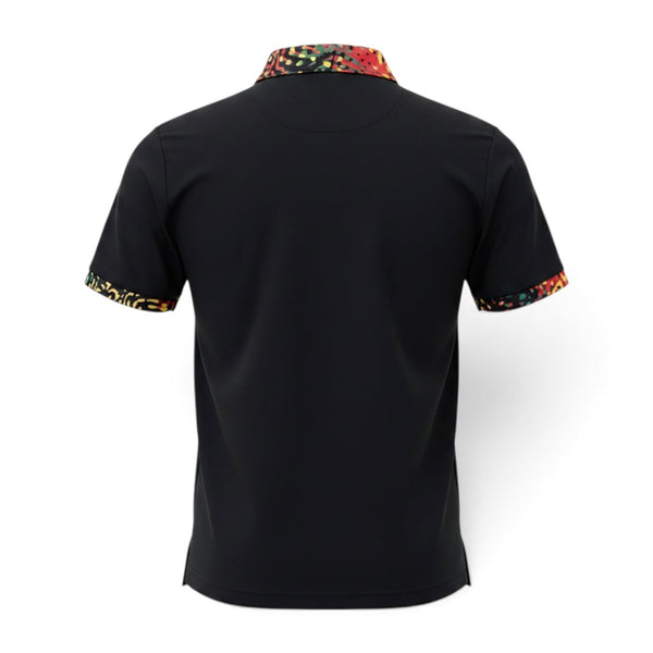 Rasta Golf Polo black ghost mannequin back view showing Rasta-print collar and multicolor sleeve cuffs in red yellow and green | Lost Boy Creations Key West