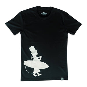 Men's Lost Boy Silhouette Tee black front flat lay with off-center white Lost Boy surfer silhouette graphic | Lost Boy Creations Key West