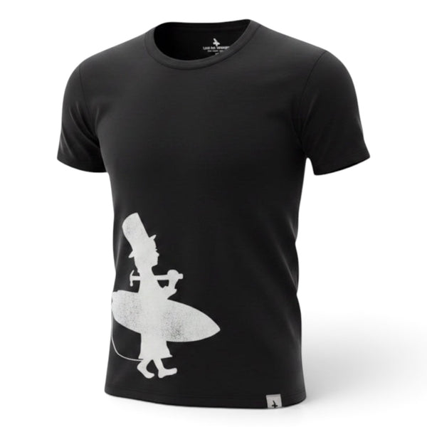 Men's Lost Boy Silhouette Tee black ghost mannequin front view with off-center white Lost Boy surfer silhouette graphic | Lost Boy Creations Key West