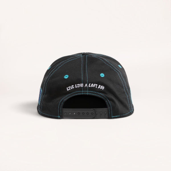 Back view of Lost Boy Creations Ghetto Blaster black snapback hat with Live Like A Lost Boy embroidery