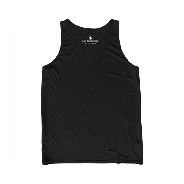 Lost Boy Creations black sleeveless tank top with white logo graphic on the upper back, made from soft cotton.