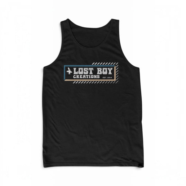 Lost Boy Creations black sleeveless tank top with vintage-inspired rectangular logo graphic on the chest
